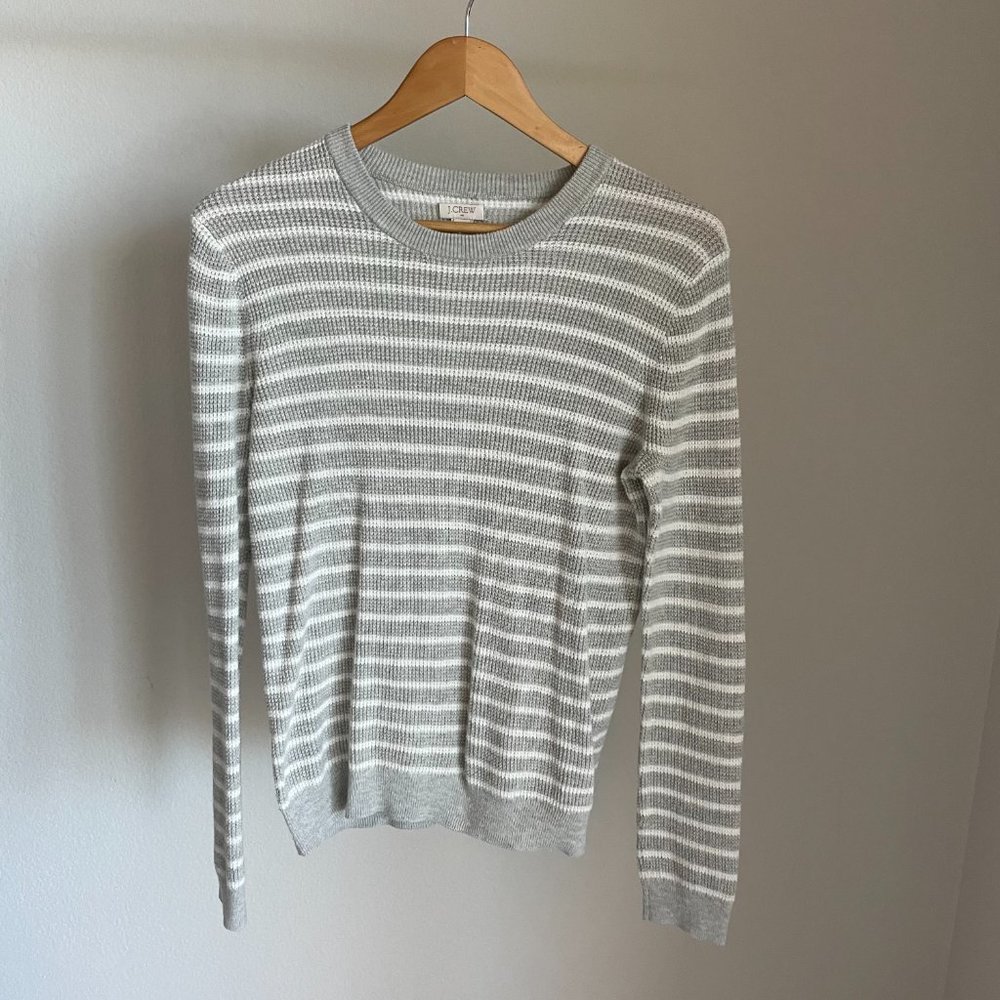 J.Crew Gray w/ White Stripes Knit Crewneck Sweater